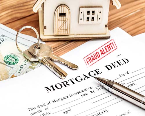 a picture of a mortgage deed, a small house and house keys on top of deed