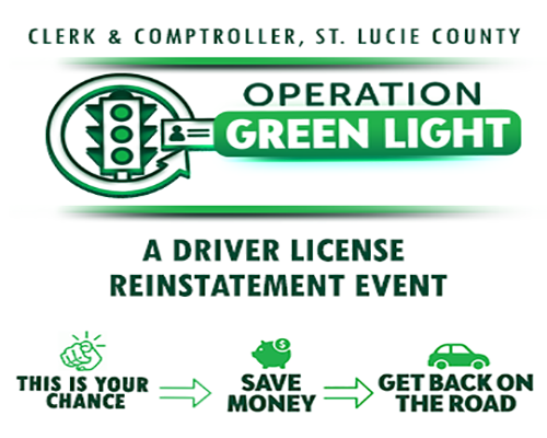 green and white logo with traffic light and all uppercase text green light with a message of drivers license reinstatement event.